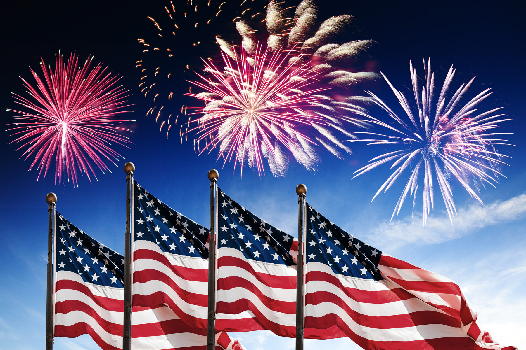 Flags with fireworks